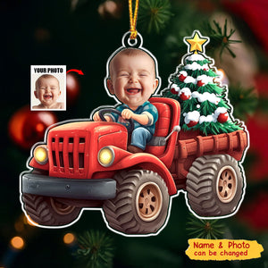 Personalized Kids Christmas Ornament With Name & Photo of Children in Red Truck | Warm Family Holiday Gifts For Family