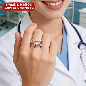 Personalized Multicolor Enamel Stethoscope Heart Birthstone Ring - Gift For Nurses