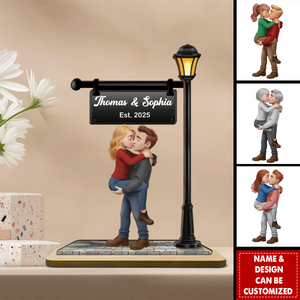 Personalized 3D Effect Cartoon Couple Kissing Under Street Lamp Wooden Plaque With Names & Date - Anniversary Valentine's Day Gift For Couples