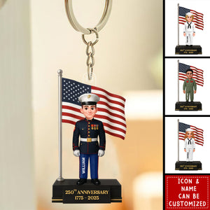 Personalized 3D Effect 250th Anniversary Military Action Figure Keychain With Icon & Name | Veterans Day Gift For Army Navy Air Force Heroes