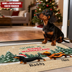 Personalized Dachshund Door Mat With Icons – Xmas Gift Holiday Decor For Dachshund Lovers And Dog Moms / Dads