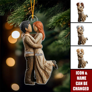 Personalized Name Couple Hugging Acrylic Ornament With Faux Wood Carving Effect - Valentine's Day Keepsake Xmas Gift For Newlyweds