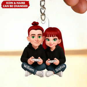 Personalized 3D Effect Couple Gaming Acrylic Keychain With Names & Icons - Valentine's Day Christmas Birthday Gift for Gamer Couple