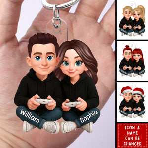 Personalized 3D Effect Couple Gaming Acrylic Keychain With Names & Icons - Valentine's Day Christmas Birthday Gift for Gamer Couple