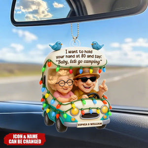 Personalized 3D Effect Happy Camping Old Couple Acrylic Car Ornament With Icons & Names - Trip Keepsake Anniversary Gift For Grandparents