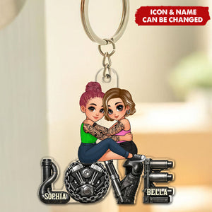 Personalized Biker Couple Engine LOVE Acrylic Keychain With Names & Icons - Valentine's Day Or Birthday Gift For Enthusiasts & Partners