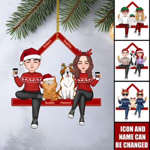 Personalized Cute Couple Sitting With Dogs Cats Ornament With Names & Icons,Special Xmas Gift For Dog & Cat Lovers