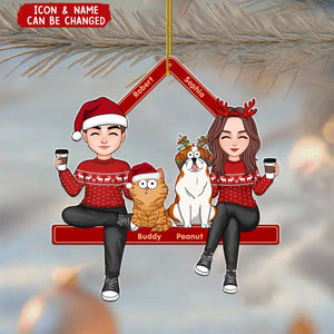 Personalized Cute Couple Sitting With Dogs Cats Ornament With Names & Icons,Special Xmas Gift For Dog & Cat Lovers