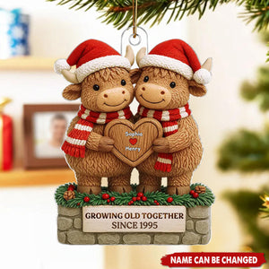 Personalized Highland Cow Couple Christmas Ornament - Custom Names & Year |Growing Old Together Anniversary Gift & Christmas Gift For Couple
