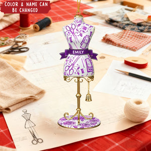 Personalized Dress Form Ornament With Name & Color | Toile De Jouy | Christmas Gift For Seamstress Fashion Designer