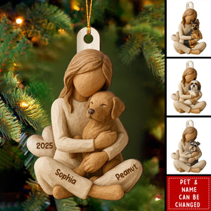 Personalized Girl & Her Dog Wooden Christmas Ornament With Pet Design & Name & Year | Xmas Or Birthday Gift For Dog Lover