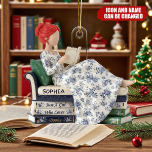 Personalized Toile De Jouy Girl Reading Books Acrylic Ornament With Name & Icon - Christmas Decor Birthday Gift For Book Lover