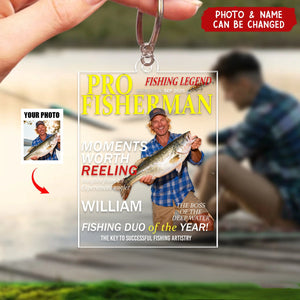 Personalized Fisherman Magazine Cover Acrylic Keychain With Photo & Name & Quote - Xmas Birthday | Father's Day Gift For Angler And Dad