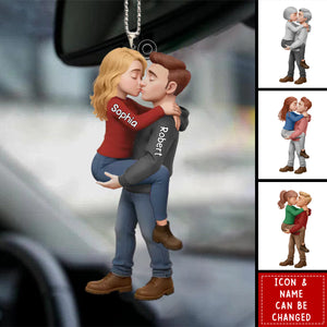 Personalized Romantic Kissing Couple Acrylic Car Ornament With Names & Icons | Cute Valentine's Day Anniversary Wedding Gifts For Couple