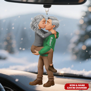 Personalized Romantic Kissing Couple Acrylic Car Ornament With Names & Icons | Cute Valentine's Day Anniversary Wedding Gifts For Couple