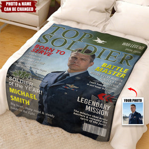 Personalized "Top Soldier" Magazine Cover Blanket With Photo & Name - Navy & Marine Army Gift | Retirement Keepsake For Military Dad