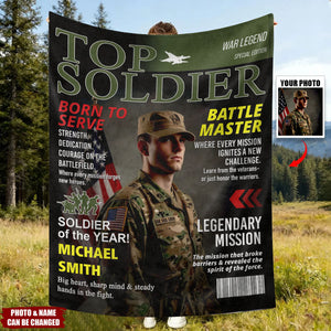 Personalized "Top Soldier" Magazine Cover Blanket With Photo & Name - Navy & Marine Army Gift | Retirement Keepsake For Military Dad