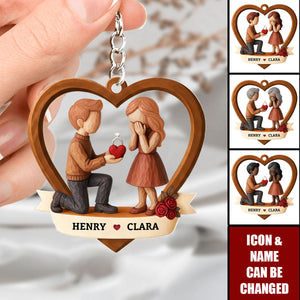 Personalized Couple Marriage Style Acrylic Keychain With Names & Year & Icons | Creative Newly Engaged Valentine's Day Gift For Future Couple