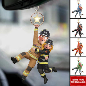 Personalized Brave Love Firefighter Partner Car Ornament With Names & Uniform Icons | Romantic Hero Valentine's Day Gift For Couple