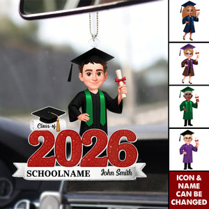 Personalized Glitter Class Of 2025 2026 Senior Acrylic Car Ornament With Graduate Icon & Name - Graduation Gift For Daughter & Son