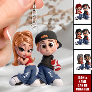 Personalized 3D Effect Streetwear Couple Acrylic Keychain With Names & Icons - Birthday Valentine's Day Gift For 90s Lovers