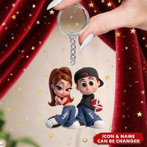 Personalized 3D Effect Streetwear Couple Acrylic Keychain With Names & Icons - Birthday Valentine's Day Gift For 90s Lovers