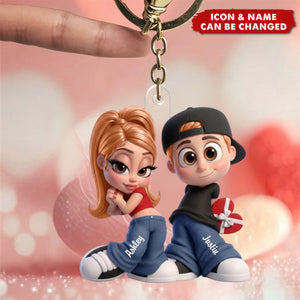 Personalized 3D Effect Streetwear Couple Acrylic Keychain With Names & Icons - Birthday Valentine's Day Gift For 90s Lovers