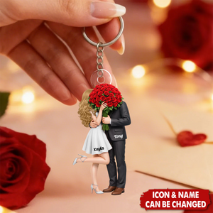 Personalized Kissing Couple Acrylic Keychain With Names & Icons - Anniversary Valentine's Day Gift For Couple & Partner