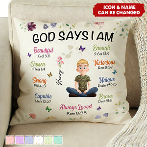 Personalized Birth Flower Pillow With Kid's Name & Icon & Color | God Says I Am | Inspirational Baptism Birthday Gift For Boys & Girls