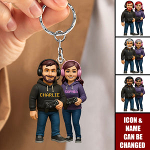 Personalized 3D Effect Gamer Couple Acrylic Keyring With Names & Icons - Unique Anniversary Valentine's Gift For Game Lovers