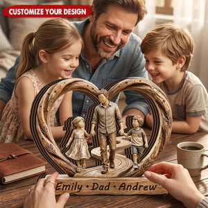 Personalized 3D Effect Dad And Kids Wooden Heart Plaque With Names - Father's Day Gift