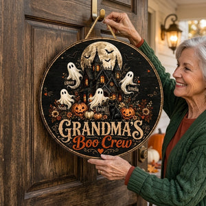 Personalized Kids Name & Grandma's Boo Crew Wooden Sign With Haunted House Ghost For Halloween Decor