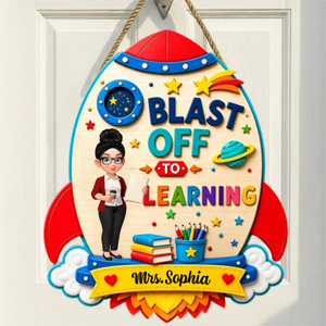 Personalized Teacher Name Wood Sign With Rocket Space Graphic For Back To School Classroom Decor