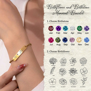 Custom Birthflower Birthstone Name Bar Personalized Bracelet, Memorial Gift