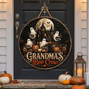 Personalized Kids Name & Grandma's Boo Crew Wooden Sign With Haunted House Ghost For Halloween Decor