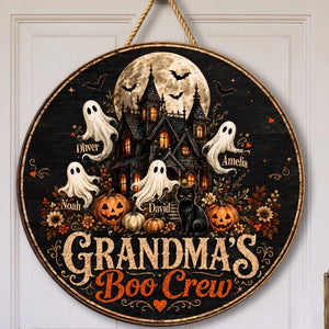 Personalized Kids Name & Grandma's Boo Crew Wooden Sign With Haunted House Ghost For Halloween Decor