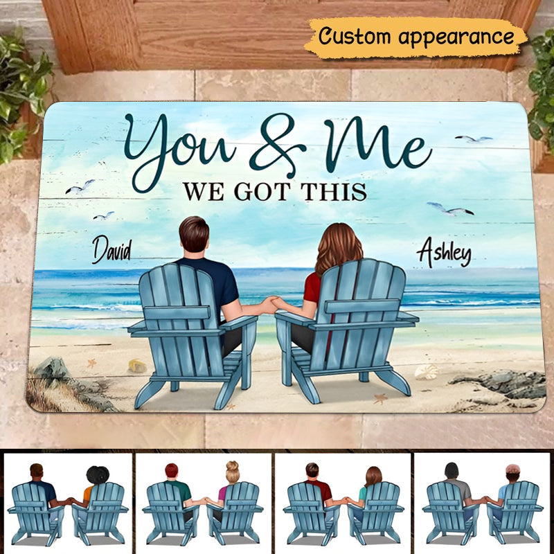 Back View Couples Sitting Beach Landscape Personalized Doormat