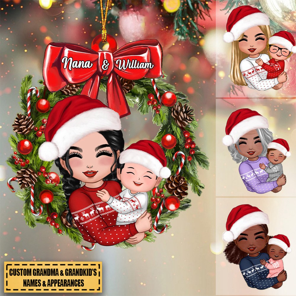 Doll Grandma Hugging Kid In Wreath Christmas Gift For Granddaughter Grandson Personalized Acrylic Ornament