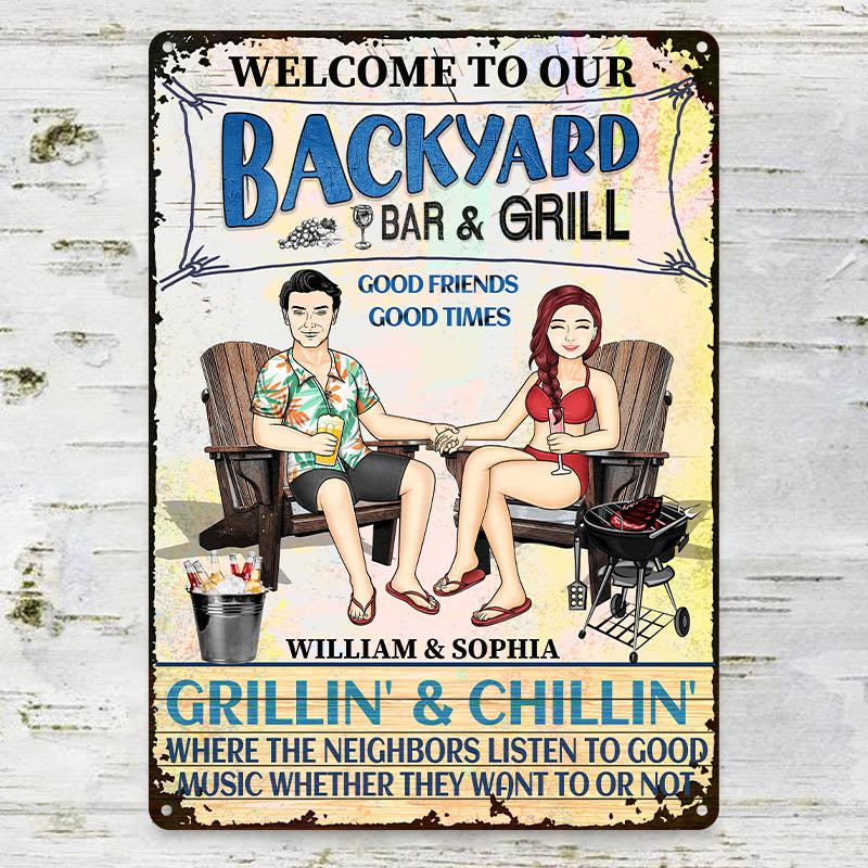 Swimming Poolside Family Couple Listen To The Good Music - Pool Sign - Personalized Custom Classic Metal Signs
