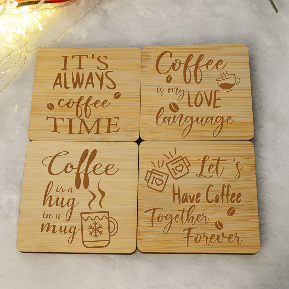4pcs Engraved Wooden Coasters - Coffee is a hug in a mug