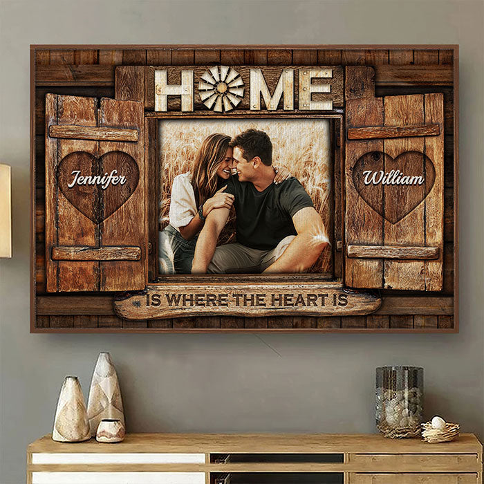 Personalized Horizontal Poster - Home Is Where The Heart Is - Upload Image, Gift For Couples, Husband Wife