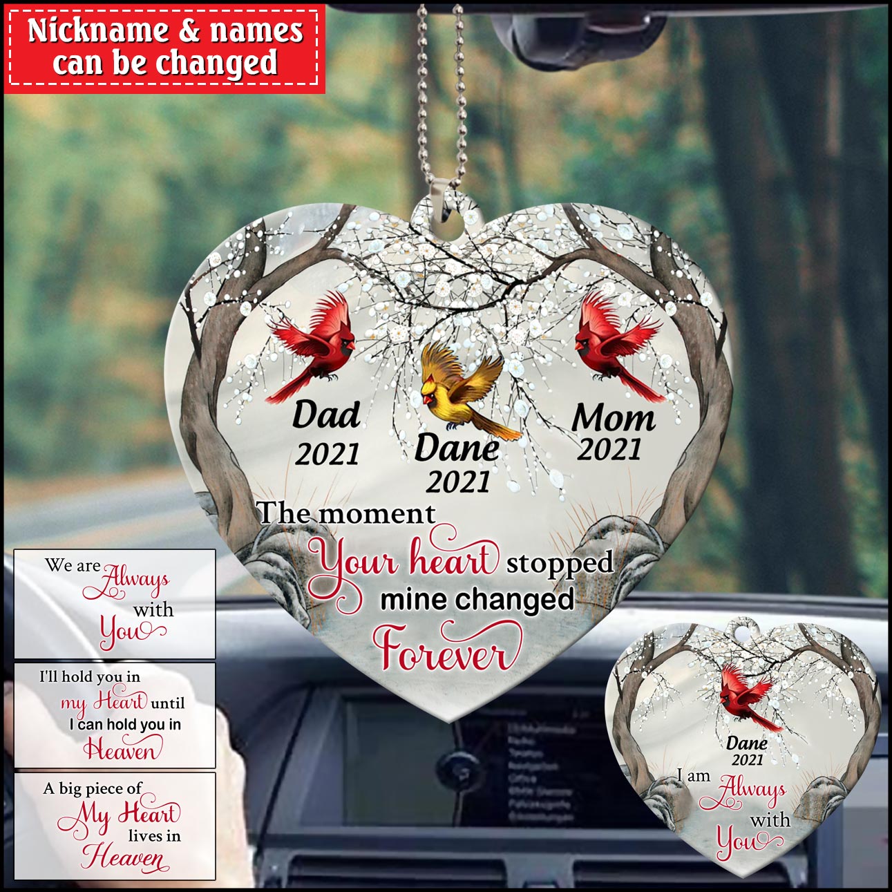 Memorial Cardinals The Moment Your Heart Stopped Mine Changed Forever Personalized Car Ornament