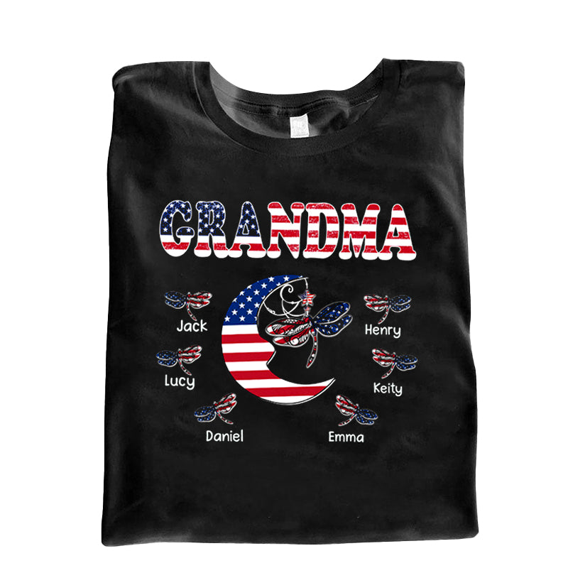 Personalized Grandma Mom Nana Grandkids Dragonfly Moon American Flag T-shirt