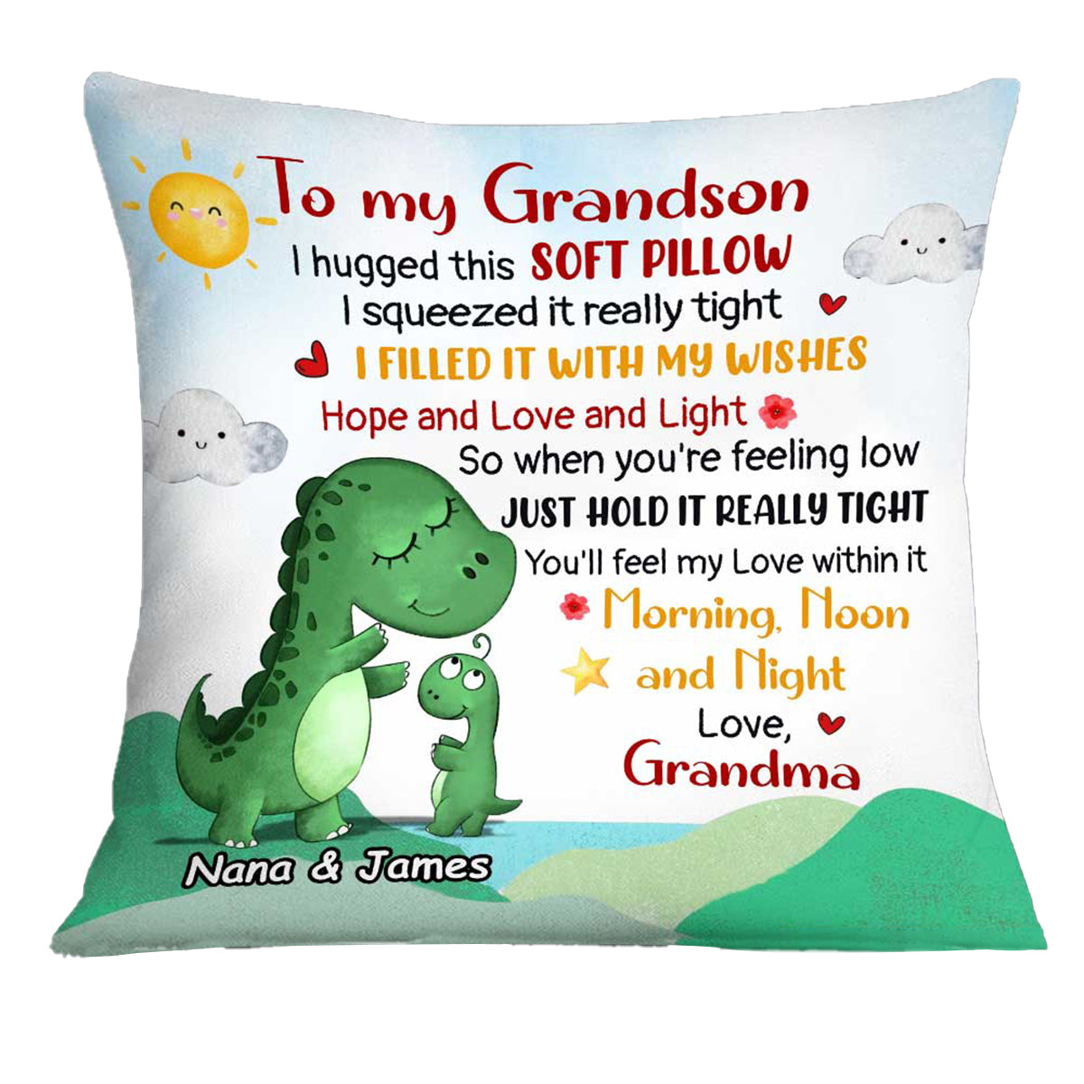 Personalized Dinosaur Pillow for Grandson - Custom Name Huggable 18x18 Inch Gift | Kids Bedroom Decor & Birthday Present