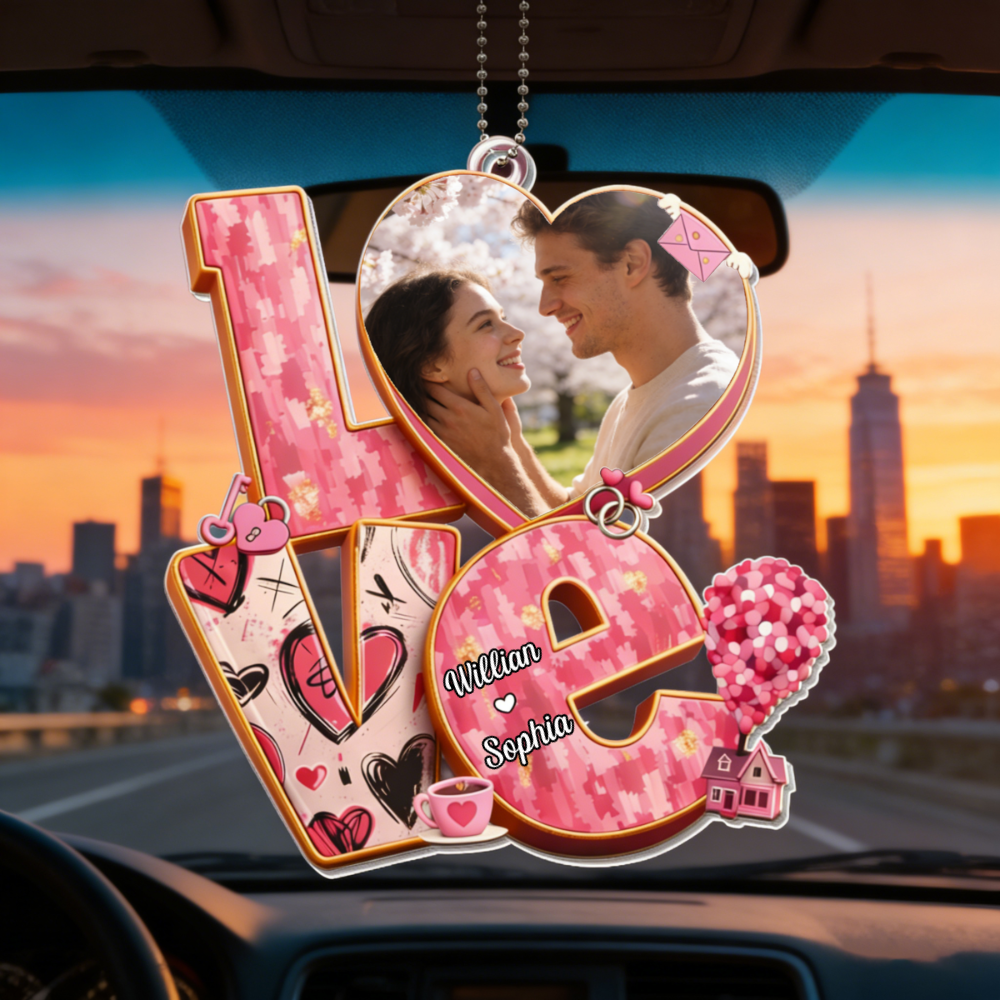 Personalized Couple "LOVE" Heart Car Ornament With Photo & Names | Sweet Valentine's Day Surprise For Couple