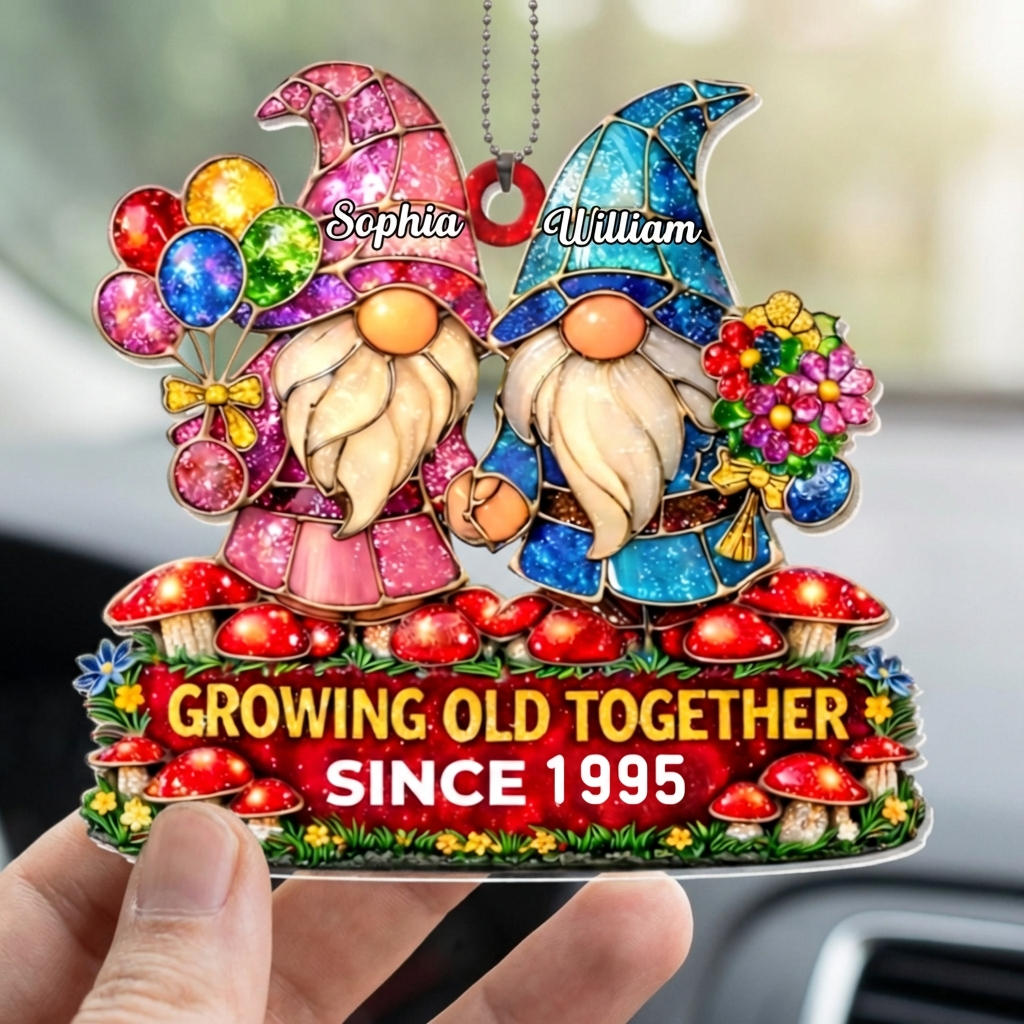 Personalized Growing Old Together Gnome Couple Car Ornament With Names & Year | Anniversary Gift For Couple
