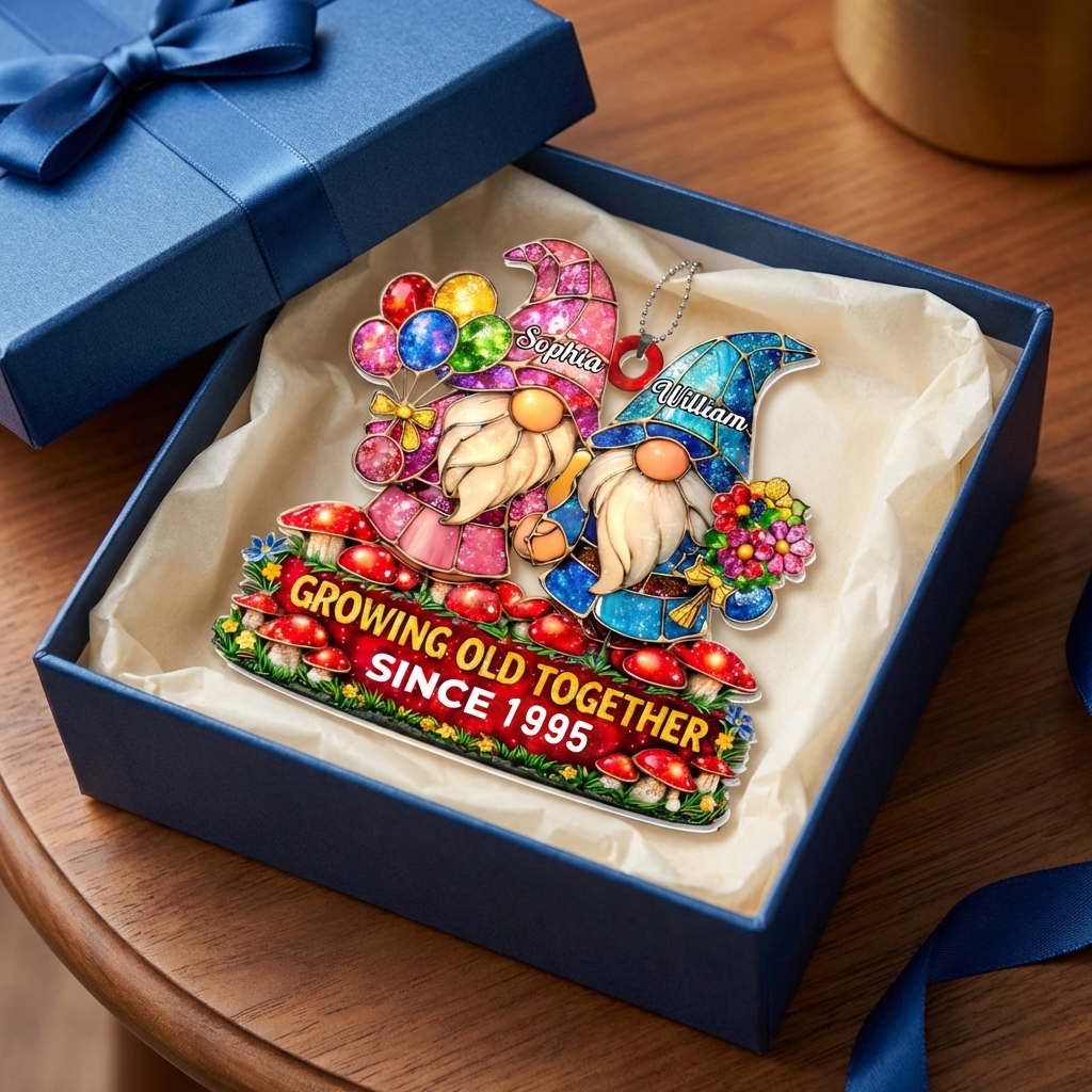 Personalized Growing Old Together Gnome Couple Car Ornament With Names & Year | Anniversary Gift For Couple