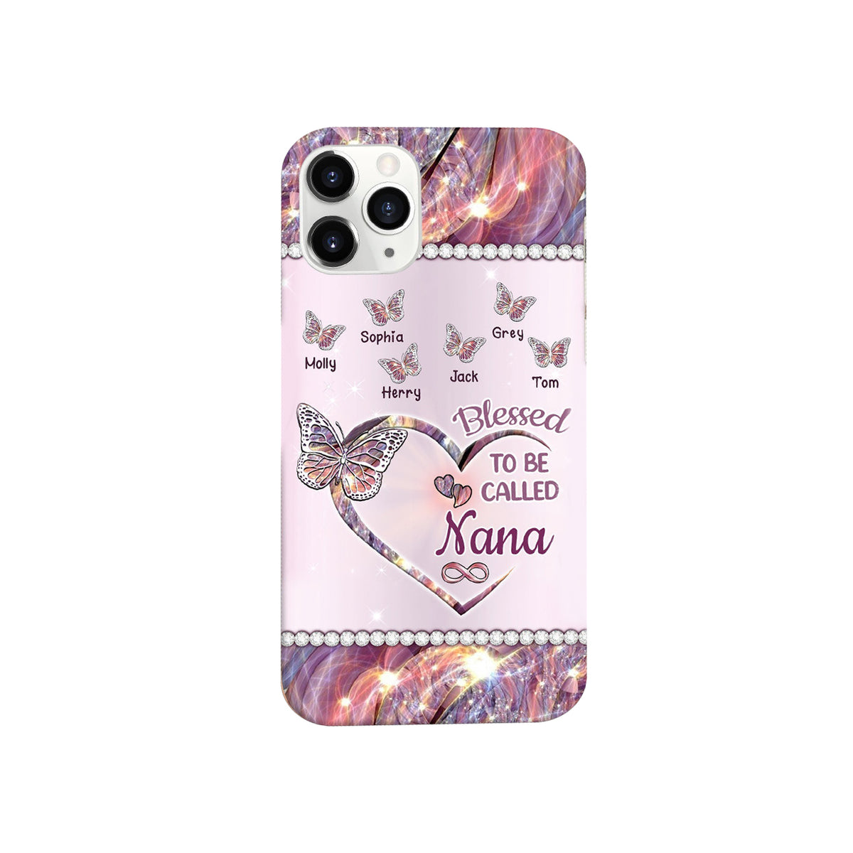 Custom Glass Phone Case - Shiny Heart-Shaped Butterfly Design, Drop-proof and Wear-resistant, Customized for Your Grandma,Mother