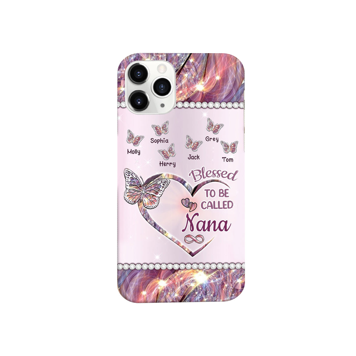 Custom Glass Phone Case - Shiny Heart-Shaped Butterfly Design, Drop-proof and Wear-resistant, Customized for Your Grandma,Mother