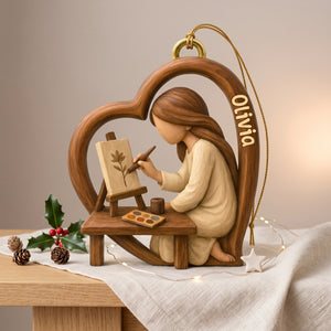 Personalized Acrylic Ornament, Warm Wood Tone Artist Painting in Heart, Unique Creative Gift for Artists